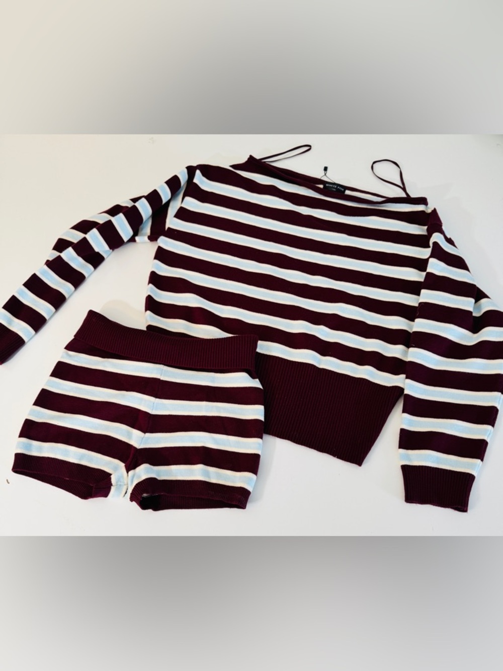Striped Off-Shoulder Knit Sweater & Matching Shortie Shorts - Picture 3 of 3